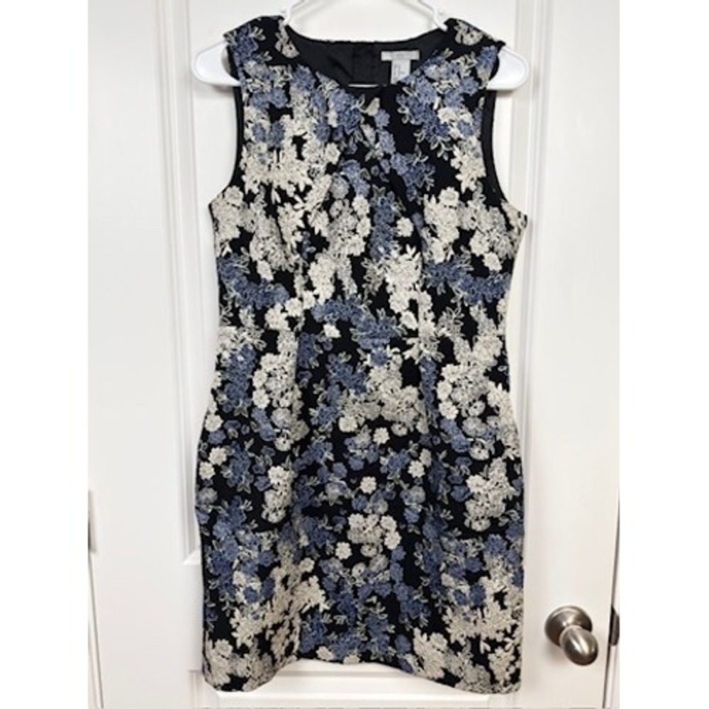 H&M Floral Jacquard Sheath Dress Black‎ Blue 10 EUC
